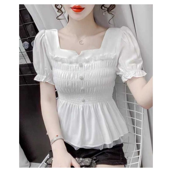 Blouse wanita putih model unik Korea lengan pendek elegant