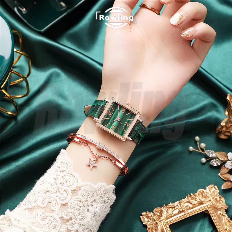 Rowling (Jam-60) Jam Tangan Wanita Kotak  Jam Tangan Wanita Quartz dengan Strap kulit Sintetis Import TANPA ACCESORIS