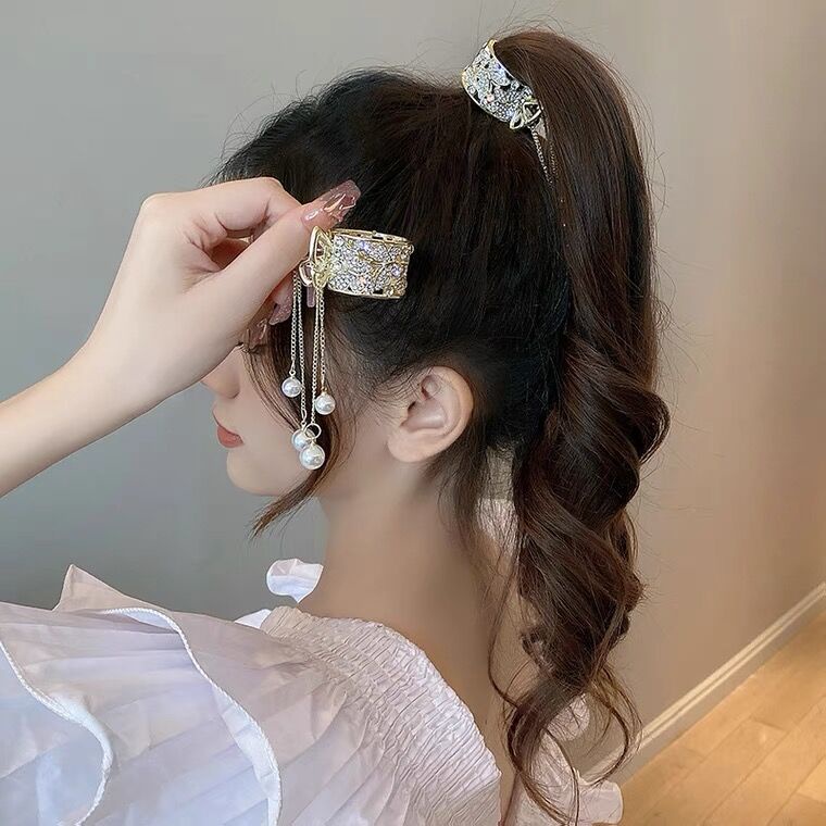 Aksesoris Jepit Rambut Ponytail Bahan Alloy Aksen Mutiara Berlian Imitasi Gaya Korea Untuk Wanita