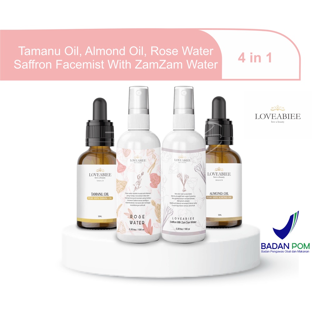 4in1 Tamanuoil 30ml + Almond oil 30ml + Safron Face mist zamzam 100ml + Rose Water 100ml Loveabiee