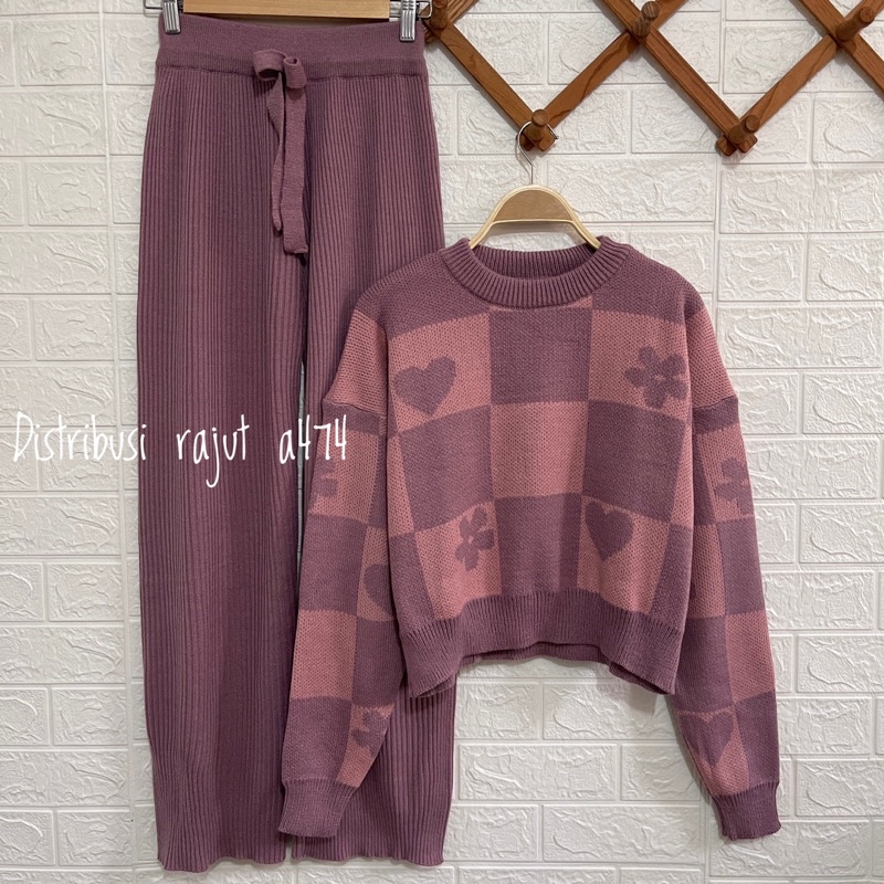 ONESET SWEATER RAJUT ELSA MOTIF LOVE BUNGA SETELAN CELANA KULOT