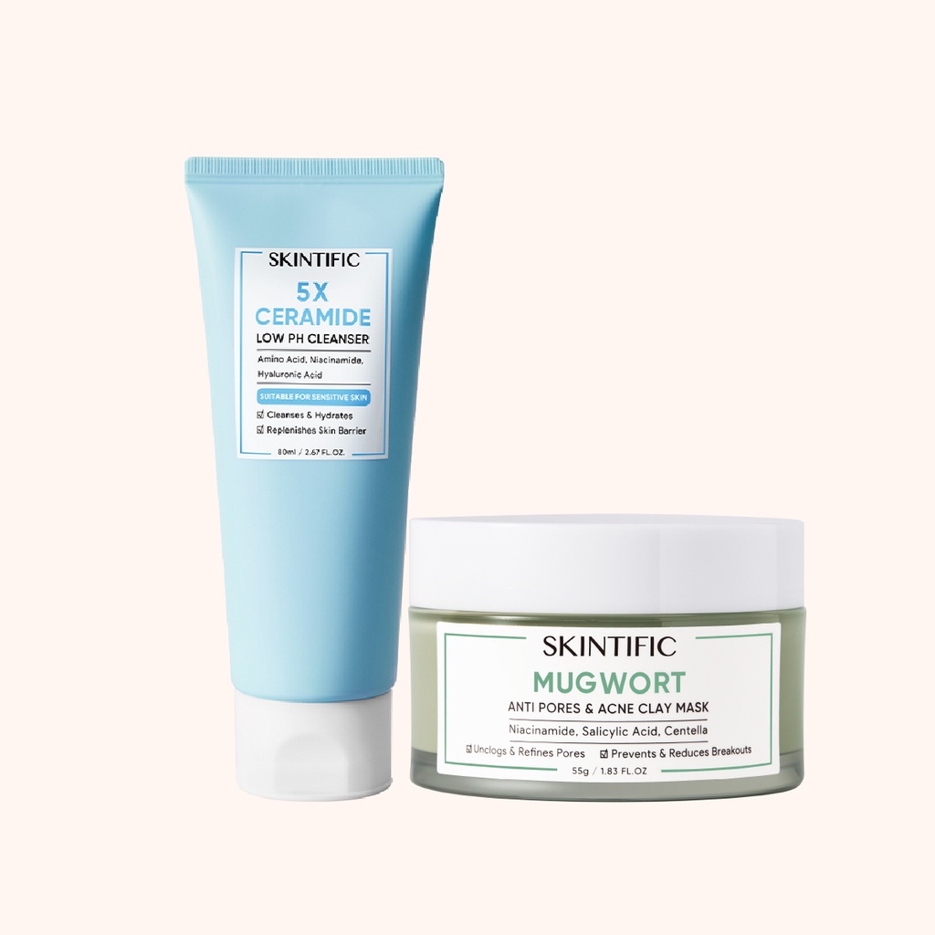 SKINTIFIC - Mugwort Anti Pores &amp; Acne Clay Mask Pore Clarifying Wask Off Pack 55G Masker Wajah &amp; 5X Ceramide Low Ph Cleanser Gentle Cleanser For Sensitive Skin 80Ml Sabun Cuci Muka Pembersih Pencuci Muka【BPOM】