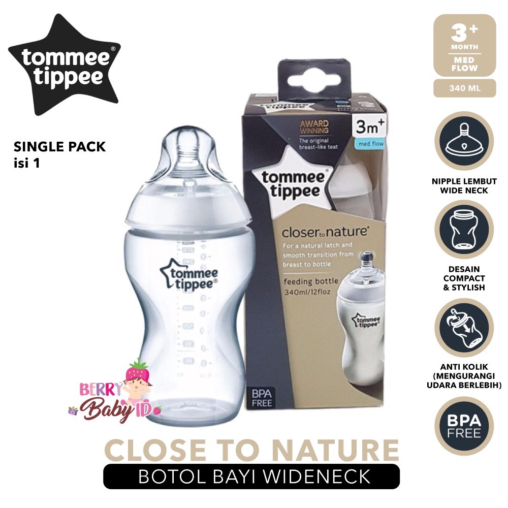 Tommee Tippee Closer to Nature Single Bottle Botol Susu Wide Neck Berry Mart