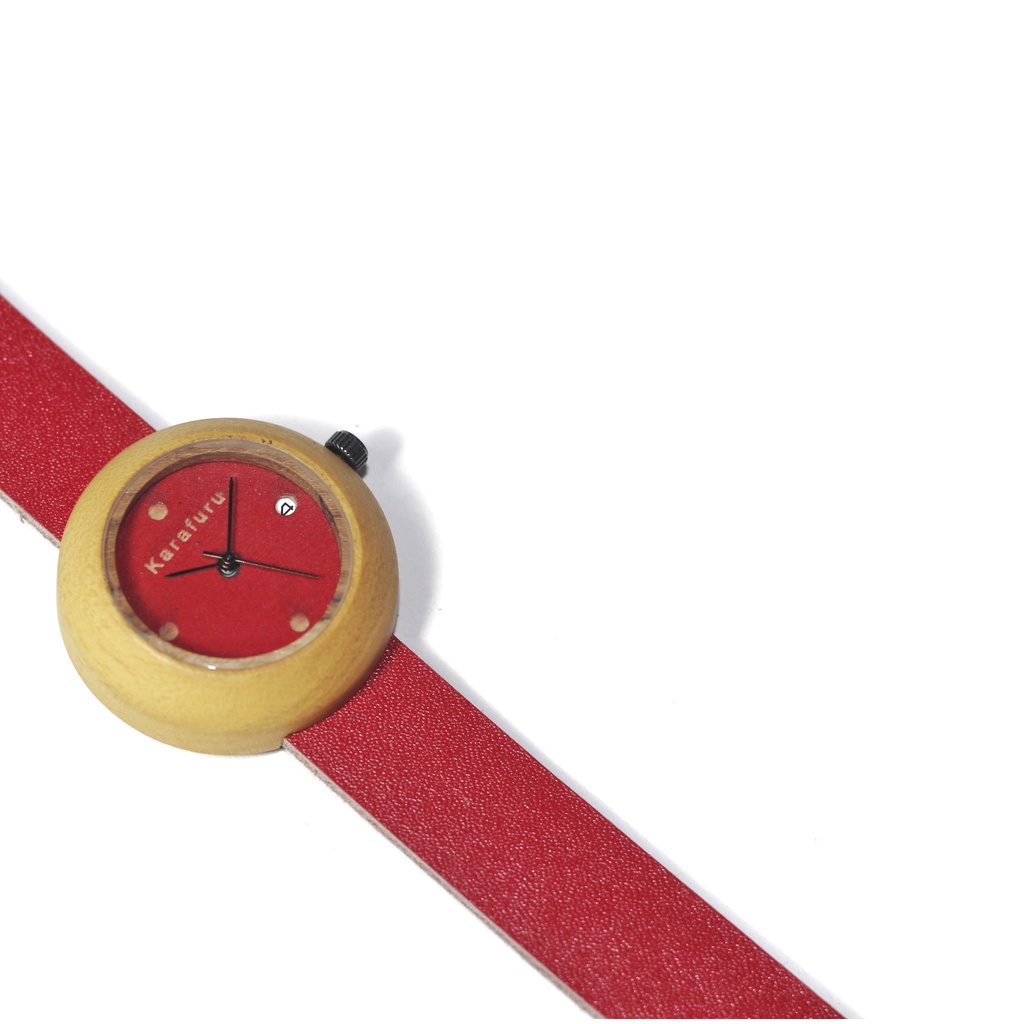 KARAFURU jam tangan kayu nangka date series pria / wanita / unisex strap kulit sapi merah