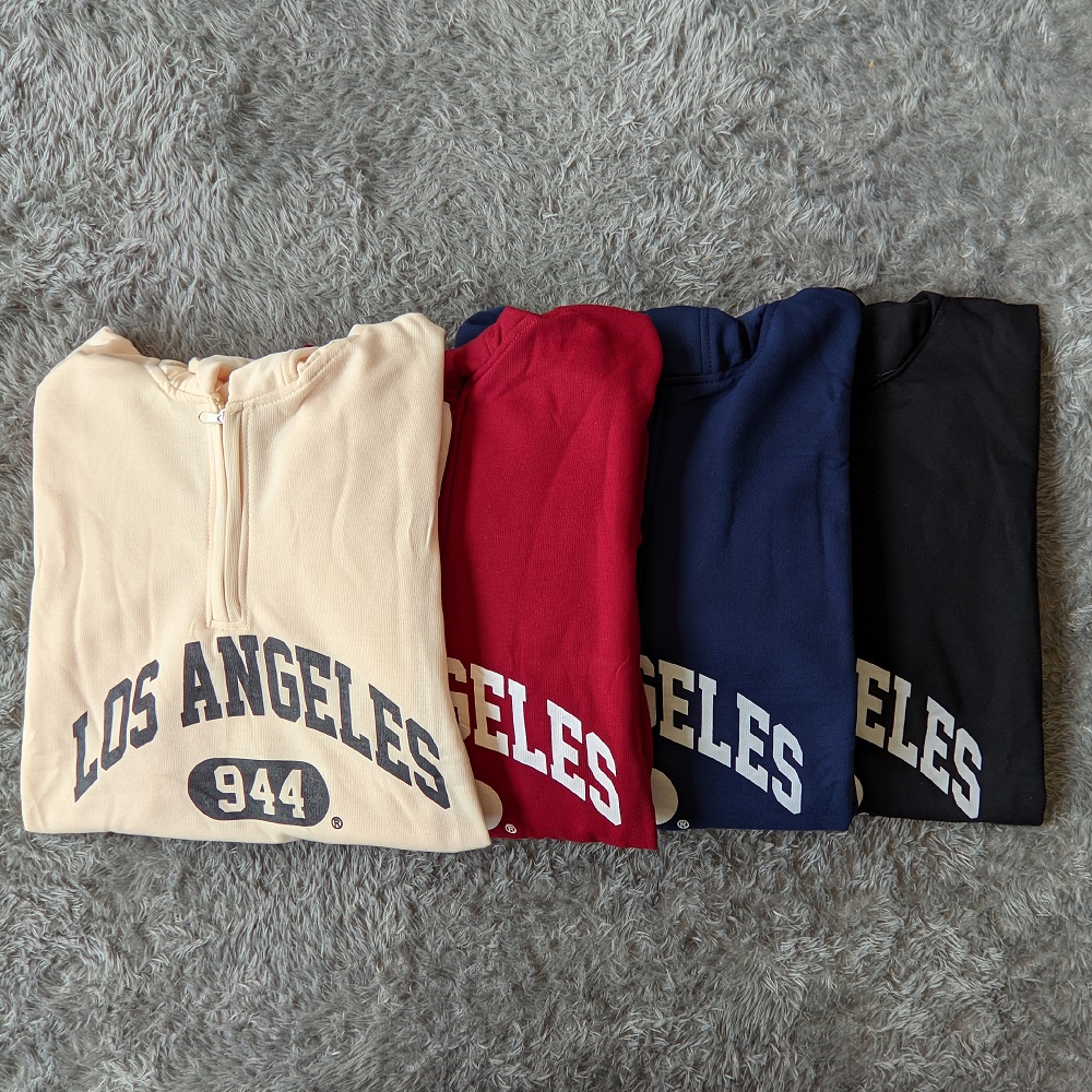 Hoodie Half Zipper Los Angeles - Size L - XL - XXL - Bahan Fleece - Oversize - Baju Wanita Big Size