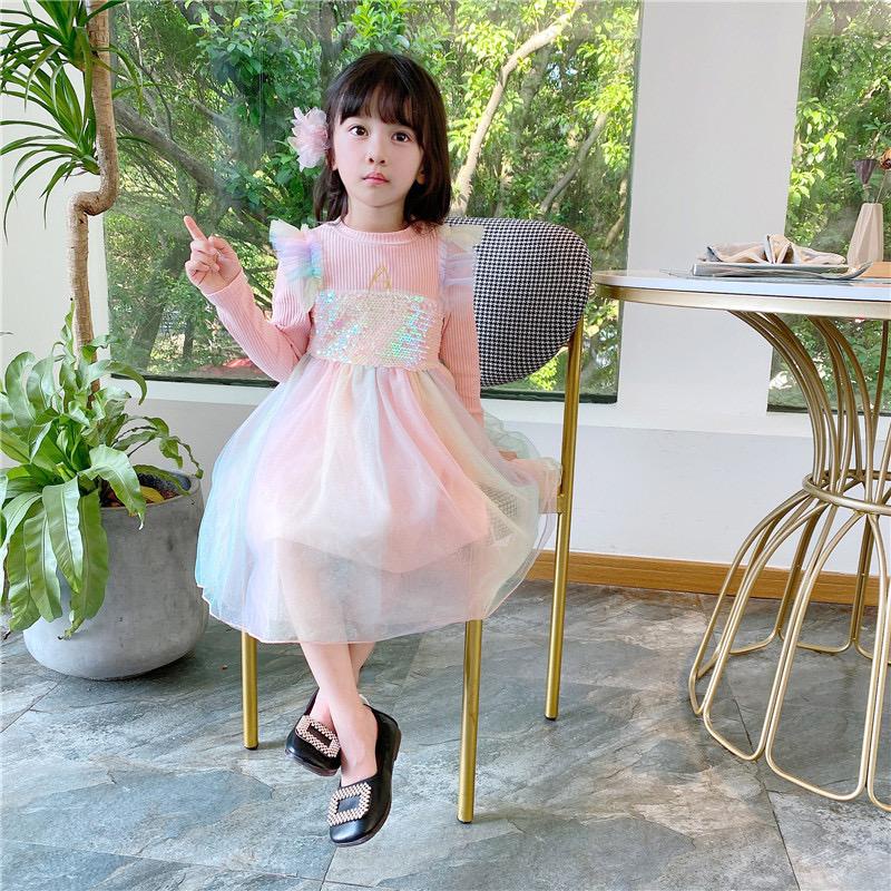 Dress Gaun Anak Lengan Panjang Unicorn Rainbow Glitter Sequin