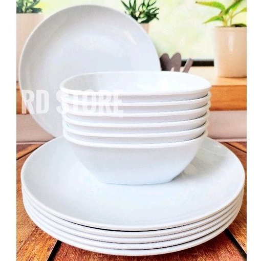PROMO 12.PCS ISI 6.PIRING 6.MANGKOK MELAMINE POLOS. DIAMETER PIRING 23.CM 9.INC DIAMETER MANGKOK 15.CM 6.INC