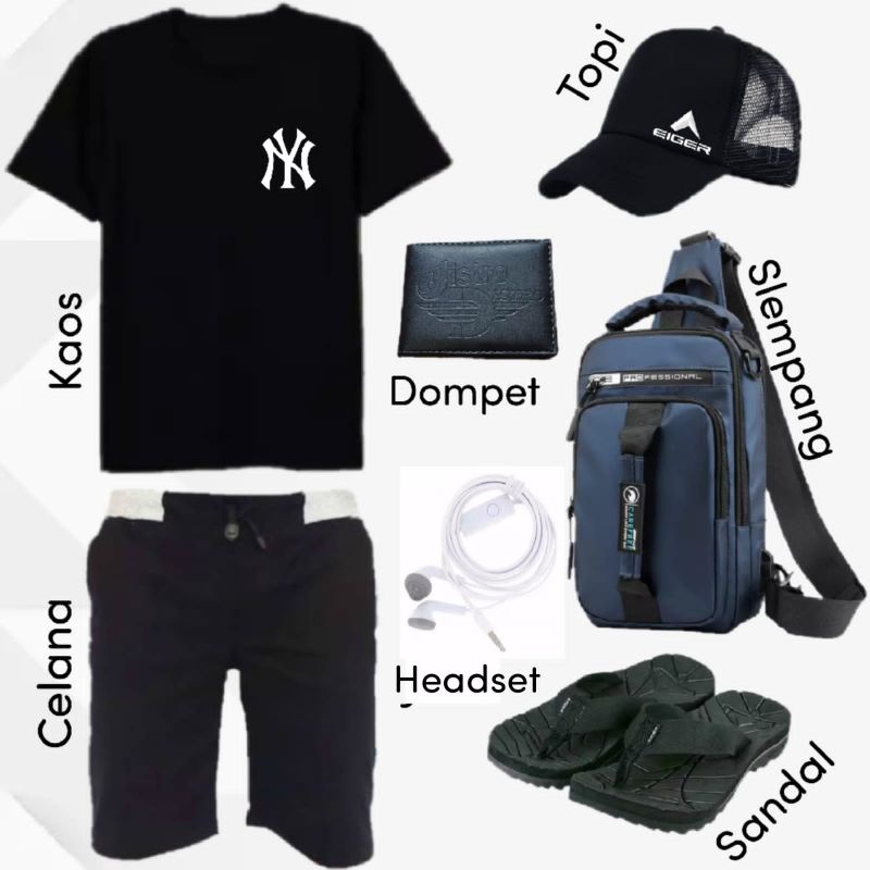 Promo paket 7 in 1 PAKET HEMAT 7 IN 1 CELANA PENDEK, KAOS DISTRO, TOPI, TAS, HEADSET, DOMPET DAN SAN