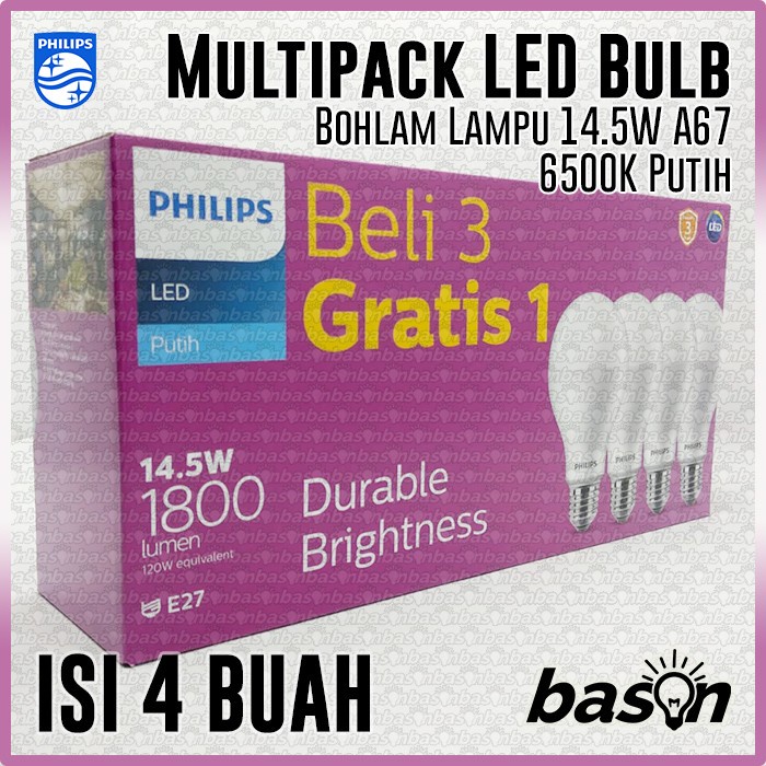 PHILIPS isi 4bh Paket Multipack LED Bulb 14.5W Putih - Bohlam LED 14W