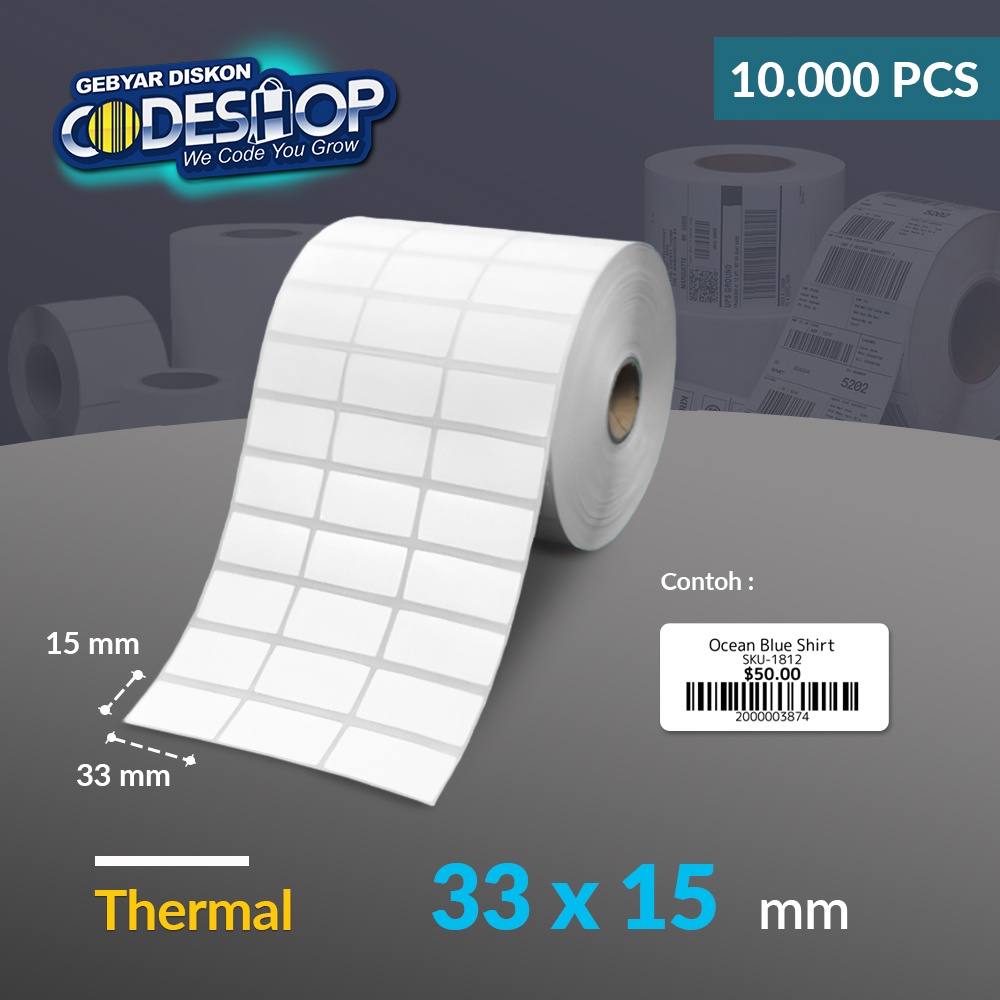 

Codeshop Label Thermal 33 x 15 mm 3 Line Stiker Printer Barcode Core 1 Inch isi 10.000 Pcs