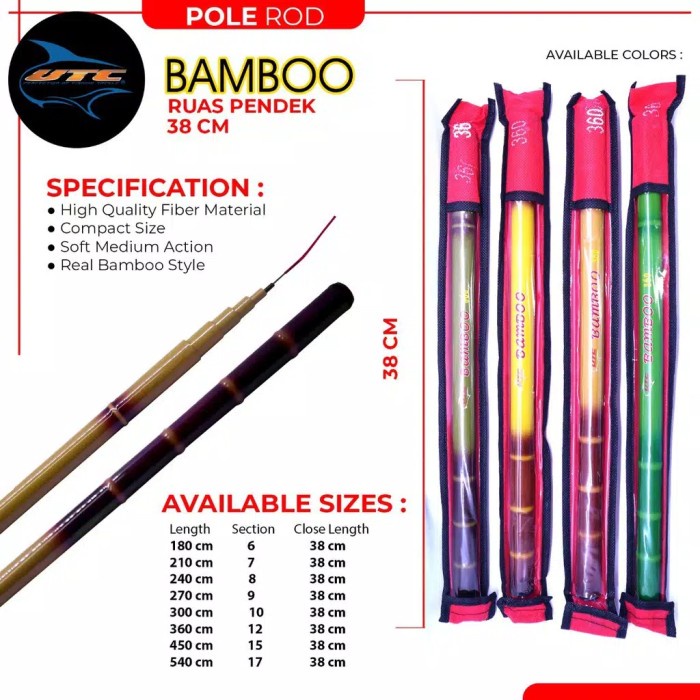 Joran Pole Utecate Bamboo RUAS PENDEK 38CM (12 Ruas)