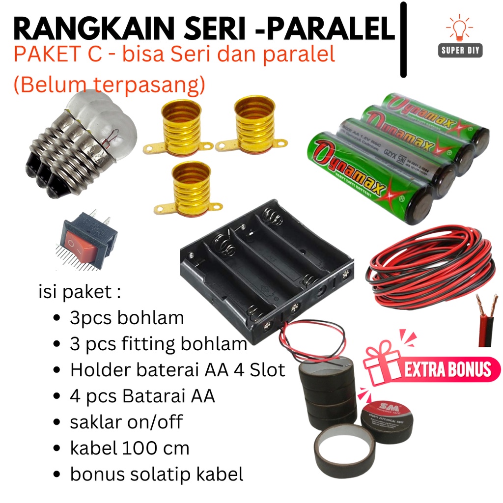 PAKET RANGKAIAN LISTRIK LAMPU SERI PARALEL / UNTUK BAHAN PRAKTEK KELAS 6 SD /  RANGKAIAN SERI / RANGKAIAN PARALEL / BOHLAM SENTER / FIITING LAMPU / KABEL / SAKLAR / PRAKTEK FISIKA / ANGKAIAN EDUKASI / PRAKARYA