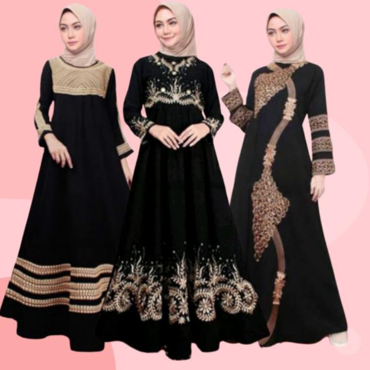 DRESS SYARI HITAM GAMIS WANITA DEWASA IBU MUSLIMAH ELEGAN MODELMEWAH ABAYA ARAB SAUDI BORDIR TURKEY 