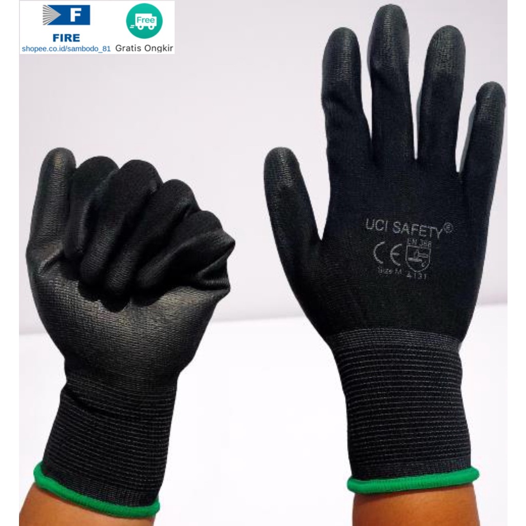 Sarung Tangan Pengaman kerja Packing PU Statis Multitask Karet Palm Fit Ukuran S,M, L, XL Proyek Satpam Anti Slip Hitam Black Hand Gloves Mekanik Montir Berkebun Tukang