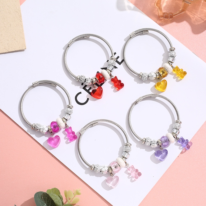 XiaoboACC Gelang Manik-Manik Kristal Dengan Liontin Beruang Bahan Stainless Steel Warna Jelly Untuk Wanita