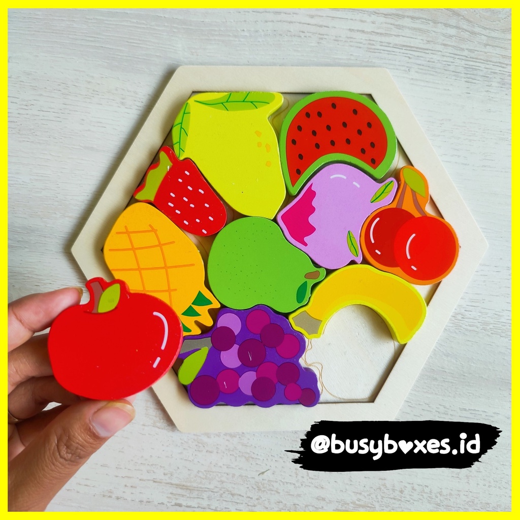 Busyboxes.id Mainan anak edukasi anak 1 2 3 tahun laki laki perempuan mainan edukasi Montessori puzzle jigsaw 3d buah hexagonal