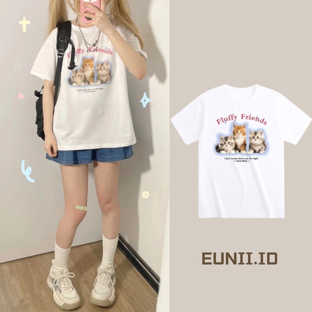 EUNII T-shirt Lengan Pendek Imut Kucing Pencetakan Longgar Korean Style/Kaos Atasan Wanita/Baju Kaus Oversize Wanita