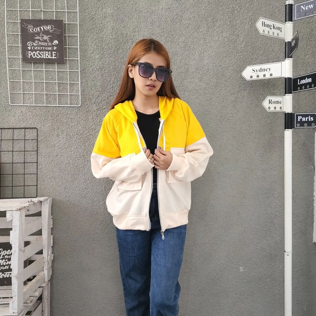 TWO TONE POCKY Jacket Sweater Wanita Oversize Hoodie Zipper Pakaian Terbaru Fashion Terkini Korean Style Kasual Street Style