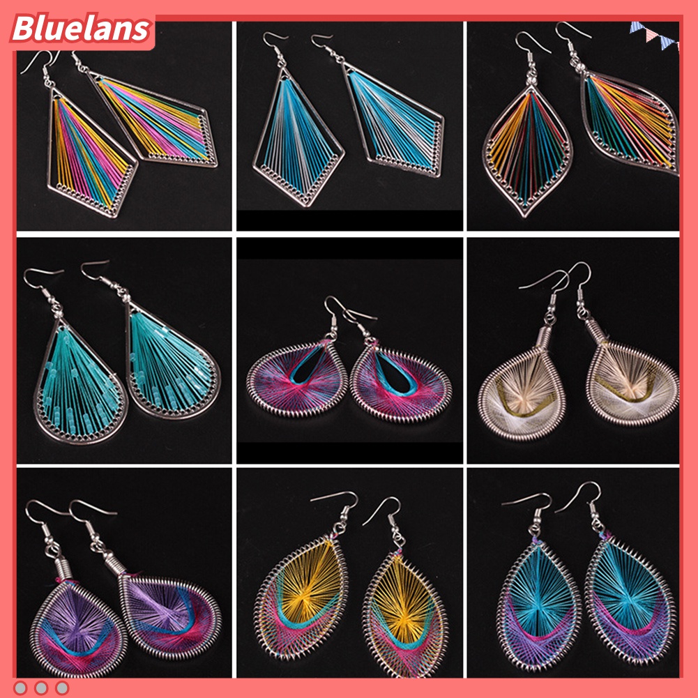 Anting Kait Bentuk Tetesan Air Geometris Warna-Warni Bahan Sutra Gaya Bohemian Untuk Wanita