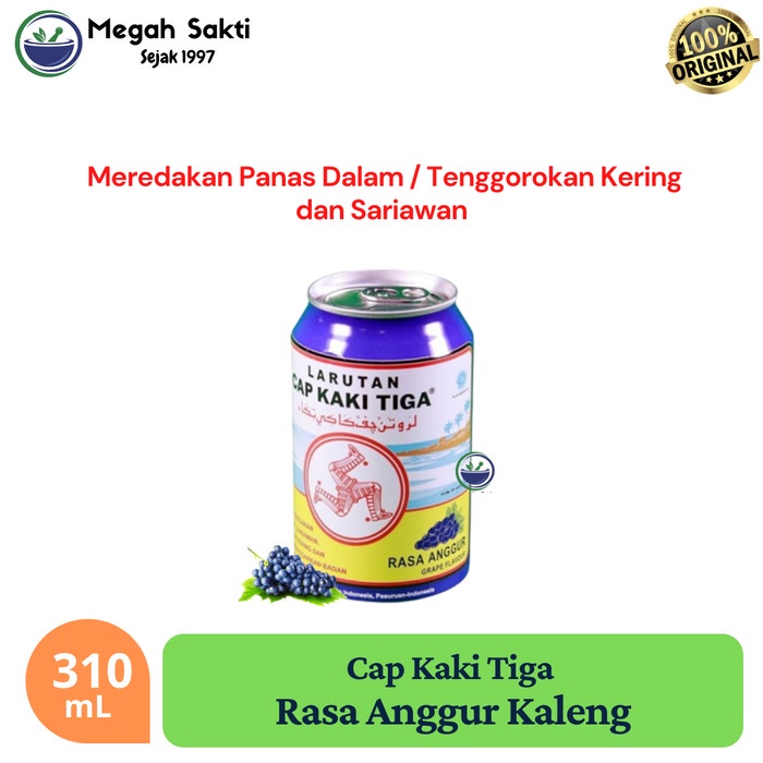 

Megah Sakti - Larutan Cap Kaki Tiga Rasa Anggur Kaleng 320 ml - Pereda Panas Dalam