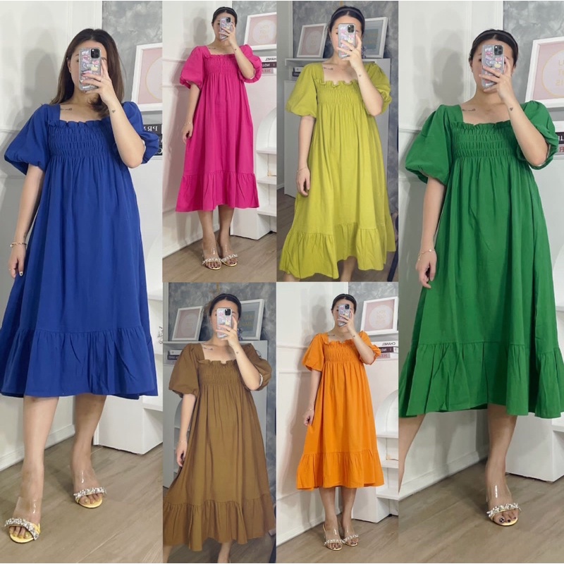 BISA COD 2181 Baby doll Ruched Linen Midi Dress/bohemian style/girly babydoll/bumil friendly