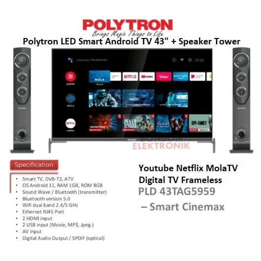 Polytron LED Smart Android TV 43&quot; + Speaker Tower PLD 43TAG5959 DVB-T2
