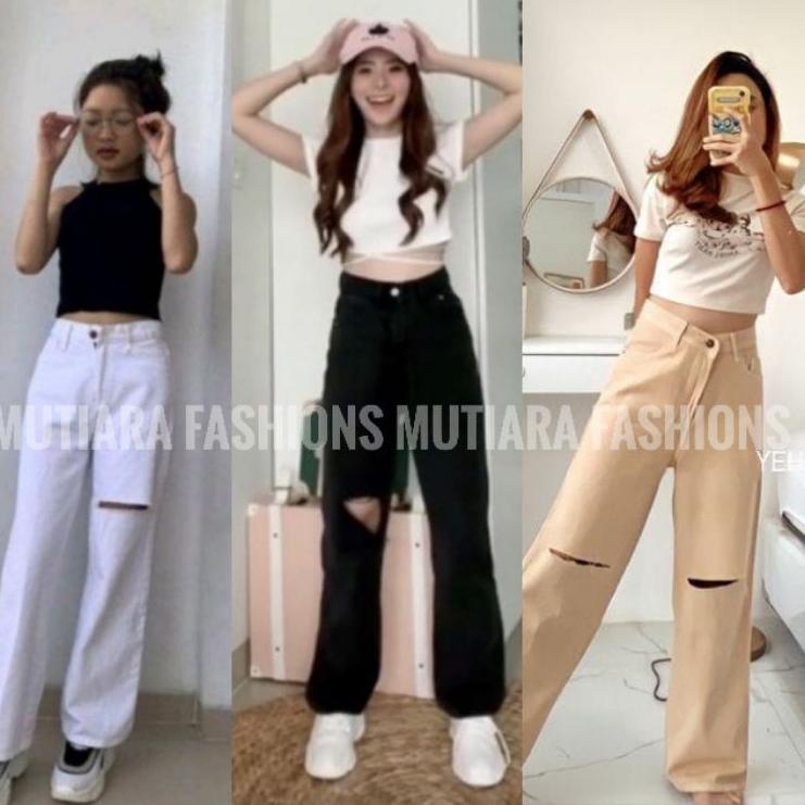 Terlaris KULOT JEANS WANITA HITAM SOBEK HIGHWAIST PREMIUM