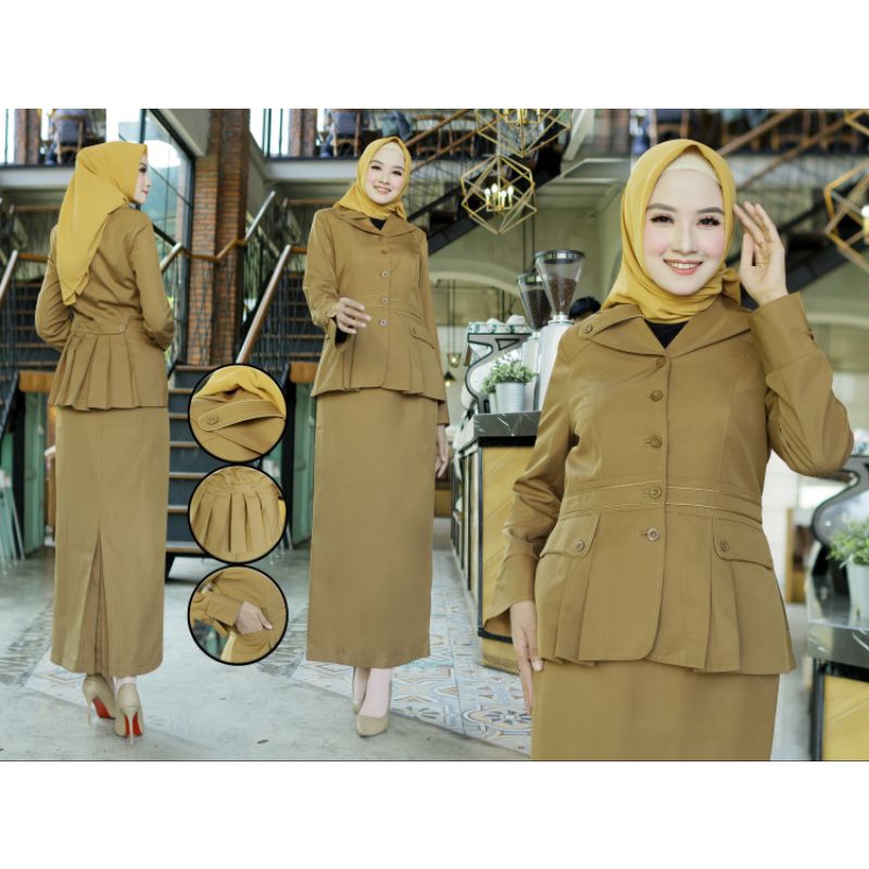 BAJU DINAS PNS /SERAGAM GURU SUSUN MUDA /COKLAT JUNGKIS SUSUN FREE HIJAB