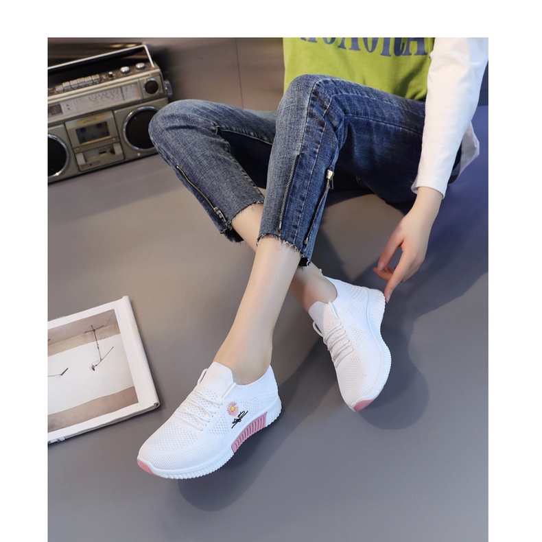 𝐄𝐁𝐒 ✅ SEP008 (Tanpa Kotak) COD Sepatu Sneakers Wanita Putih Hitam Motif Bunga Sporty Model Korea Fashion Casual Sport Olahraga Import SEP008