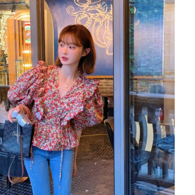 7692 Atasan baju blus blouse kemeja lengan pendek tangan balon kimono baloon puff bunga bunga kecil 