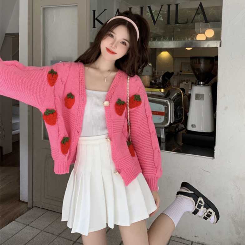 yikoo-Kardigan rajut longgar stroberi berdiri cardigan korea coat wanita