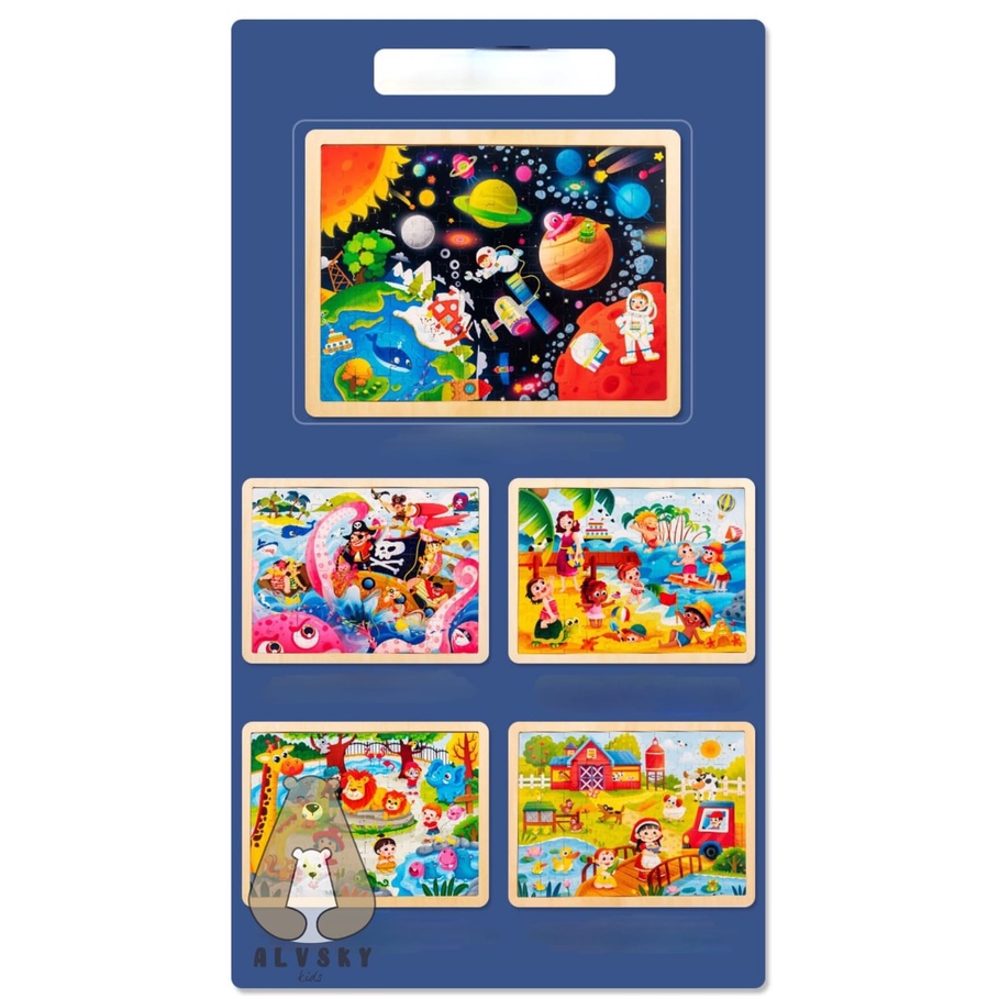 PUZZLE KAYU ANAK 100 PCS / JIGSAW WOODEN PUZZLE 100 PCS DENGAN PAPAN GAMBAR LUCU