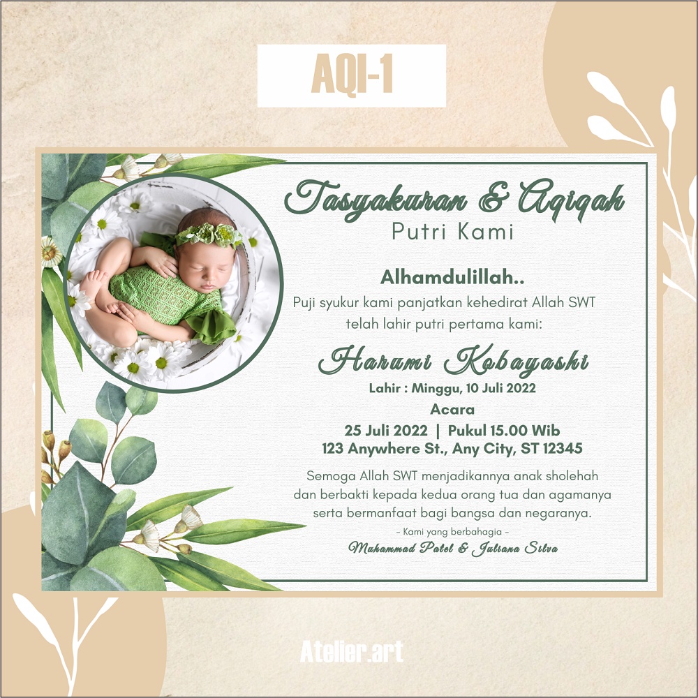 Undangan Digital Aqiqah AQI-1 Softfile Green Ukuran A4 | Atelier.Art