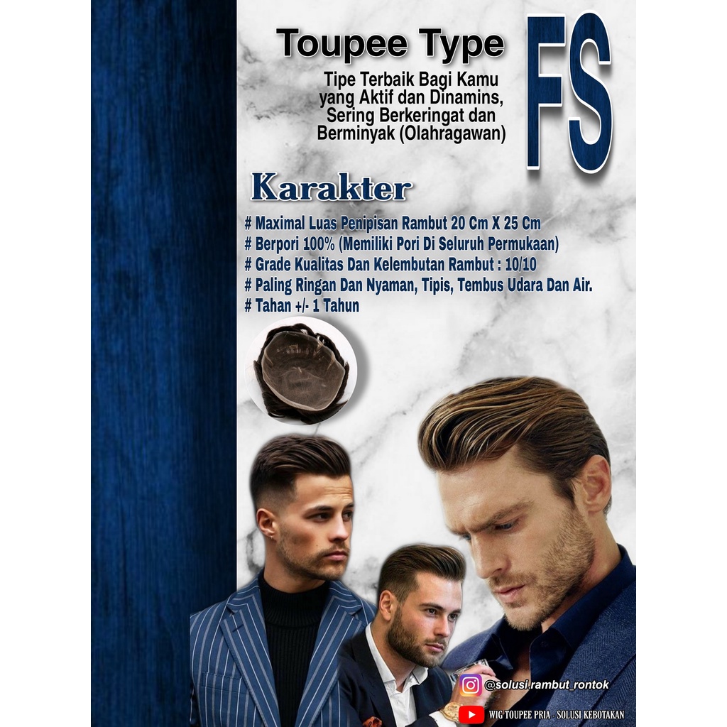 Hair toupee wig pria wanita rambut palsu original asli 100% remy human hair replacement ( FS )