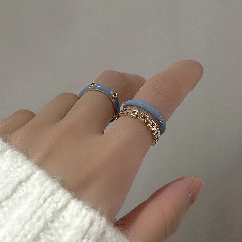 Set Cincin Jari Telunjuk Model Terbuka Desain Drop Glaze Biru Untuk Wanita