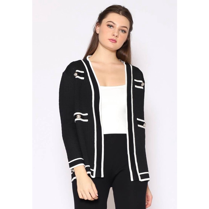 Cardigan Wanita - Cardigan Panjang Hitam Putih - Voerin Alicia Knit Cardigan
