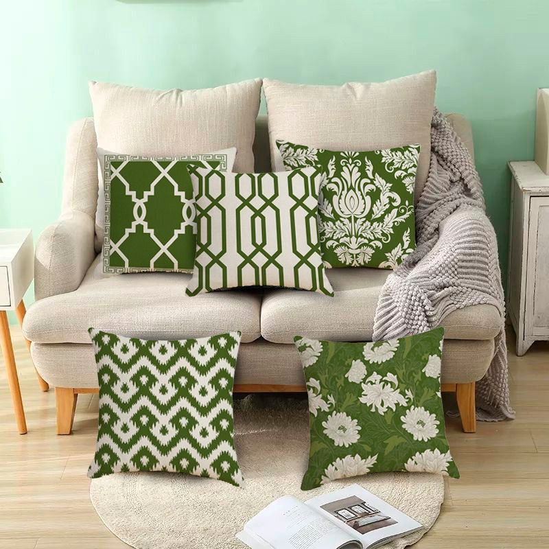 SARUNG Bantal Sofa Print 45x45 cm Linen Motif Abstrak Hijau Olive Putih Grabandgift