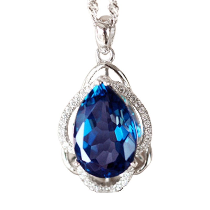 Kalung Liontin Water Drop Cubic Zirconia Biru Untuk Wanita