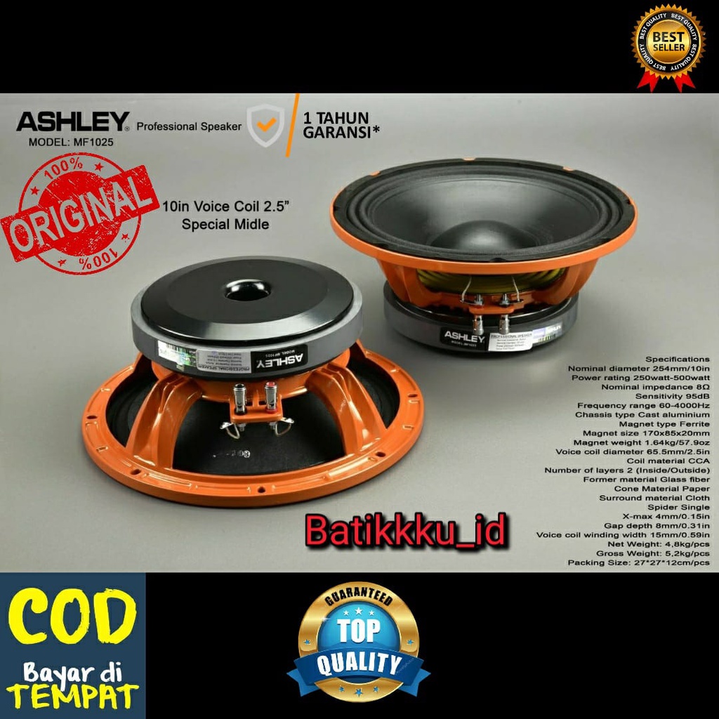 SPEAKER KOMPONEN ASHLEY MF1025 MF 1025 MF 10 25 ORIGINAL SPECIAL MIDDLE 10 INCH VOICE COIL 2,5 INCH
