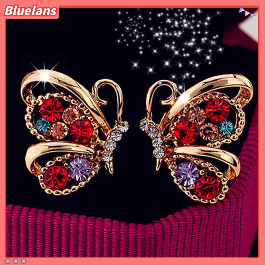 Bluelans Anting Stud Bentuk Kupu-Kupu Aksen Berlian Imitasi Untuk Wanita
