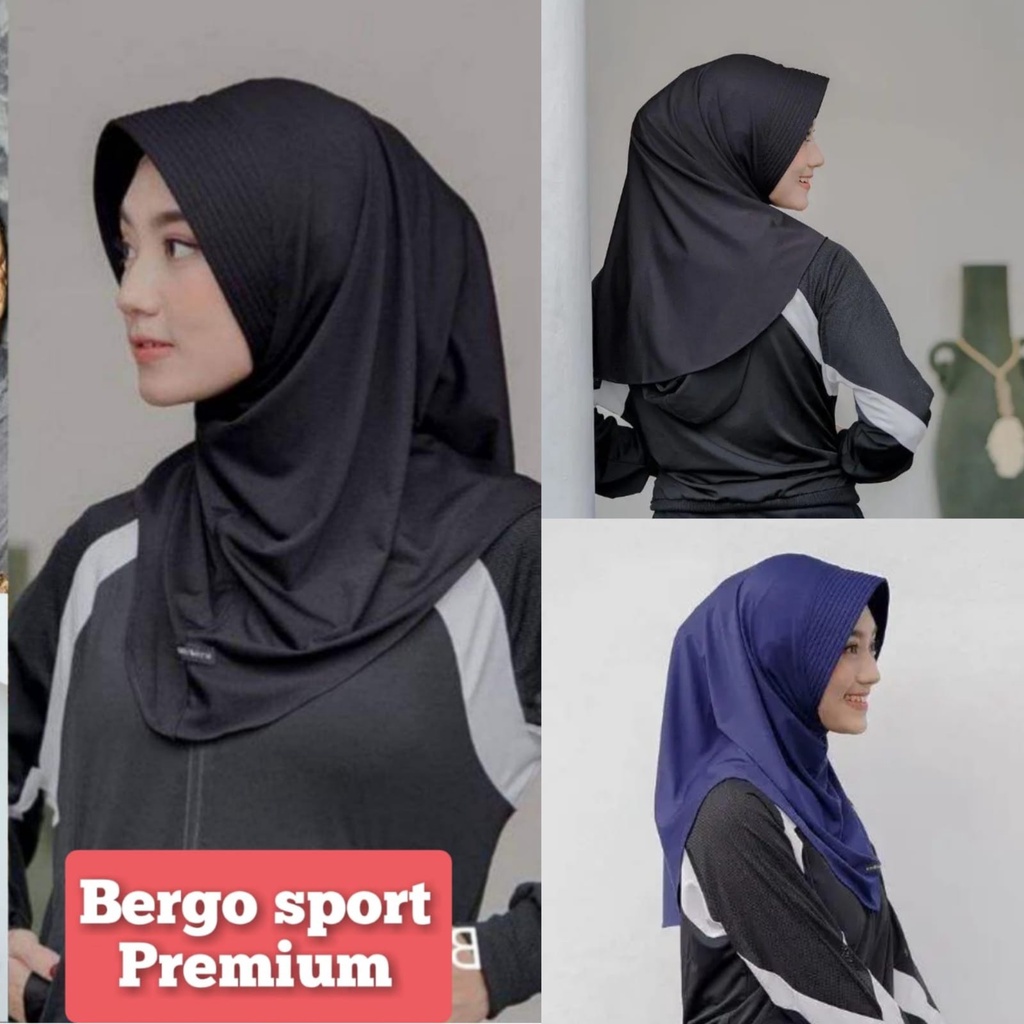 bergo panjang jilbab sport hijab olahraga kerudung instan pad garis