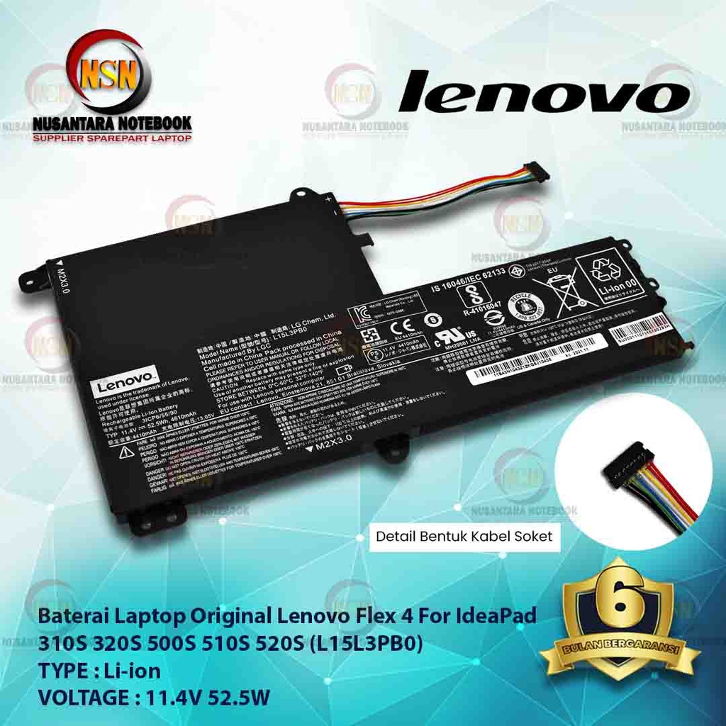 Baterai Laptop Original LENOVO Ori Flex 4 IdeaPad 310S 320S 500S 510S 520S L15L3PB0