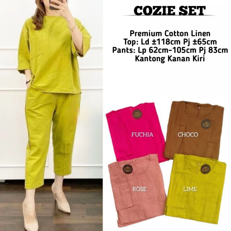 Cozie Set Top+Pants Setelan One Set Linen Wanita Terbaru