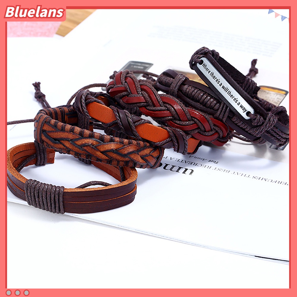 6pcs / Set Gelang Multilayer Bahan Kulit Imitasi Handmade Gaya Vintage Punk Untuk Pria