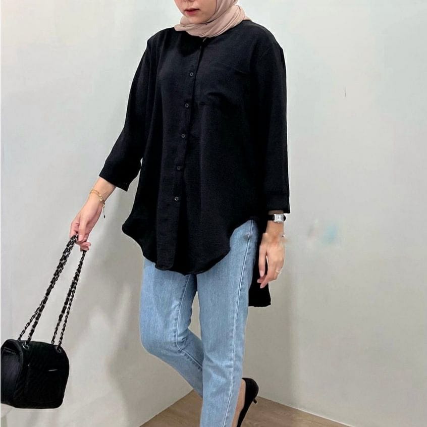 Ansyania Blouse Basic Model Pinguin Crinkle Premium Full Kancing Baju Atasan Kemeja Wanita Kekinian Terbaru