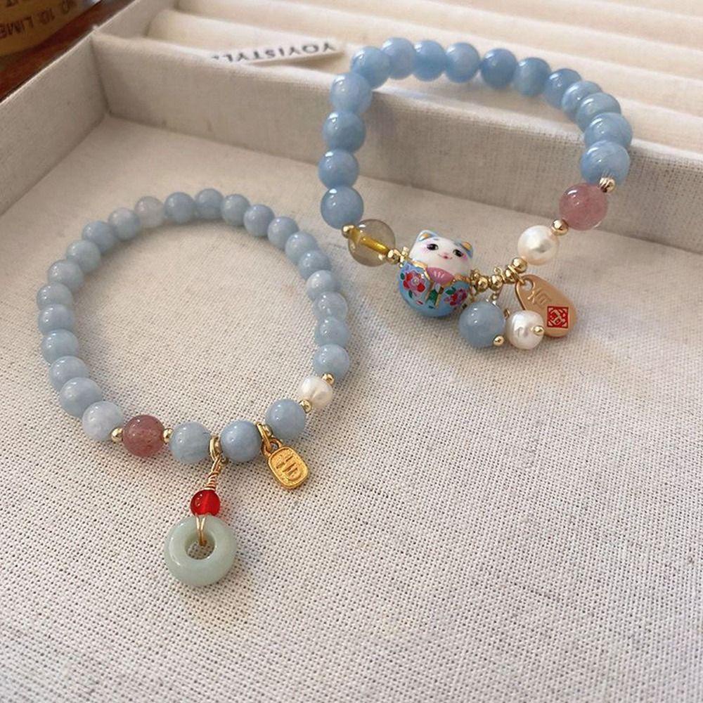 Needway   Gelang Manik Lucu Antik Gelang Adjustable Mutiara Emerald Bangles Gaya Etnik Rejeki Kucing Maneki Neko Kristal Perempuan Tangan Rantai