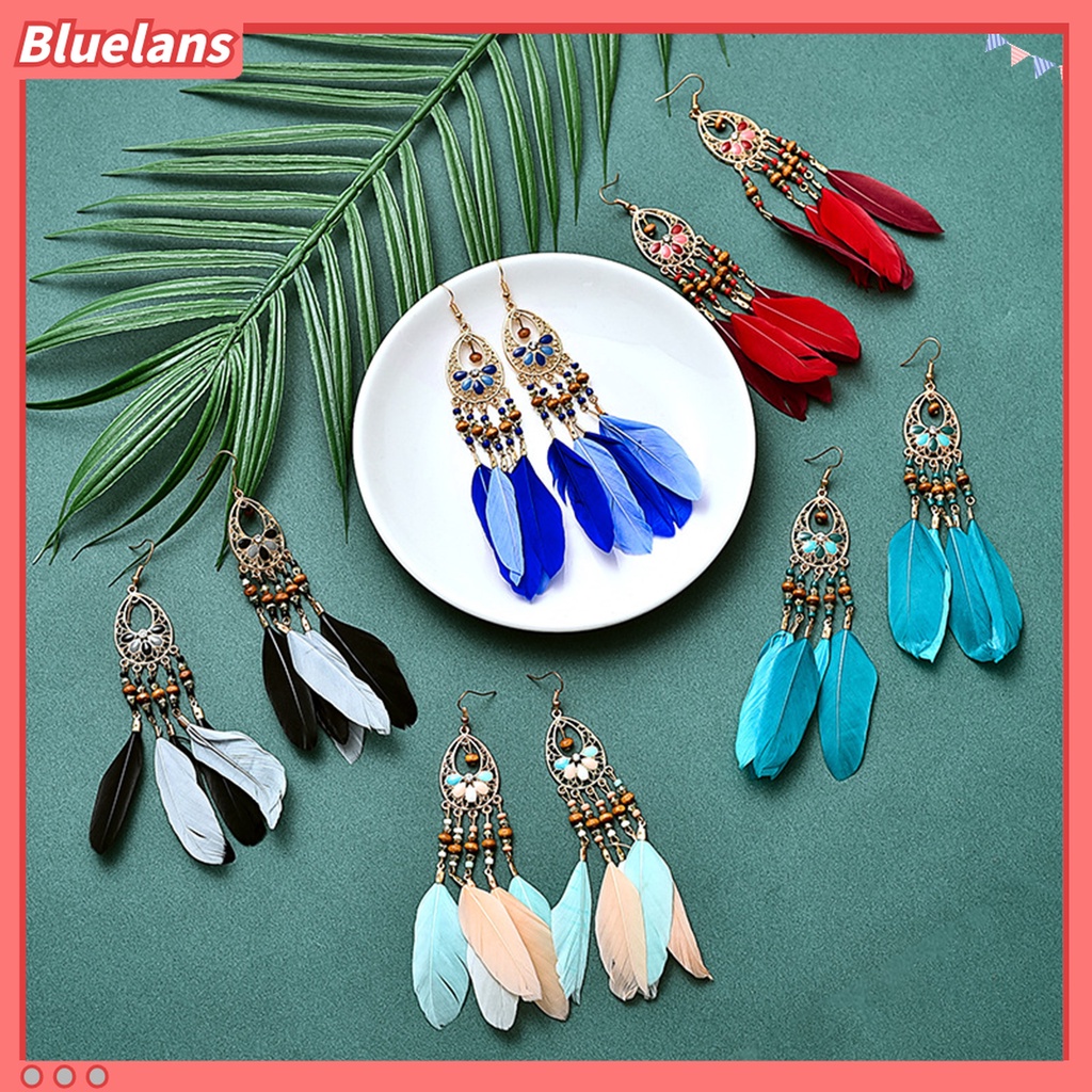 1 Pasang Anting Kait Rumbai Panjang Model Hollow Bahan Kayu Aksen Bulu Gaya Bohemian Untuk Hadiah