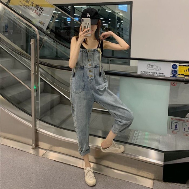 Jeans Jumpsuit Celana Kodok Celana Tali Ikat Celana Wanita Longgar Lebar Kaki  Celana Jumpsuit Foashion Korean Style Celana Denim