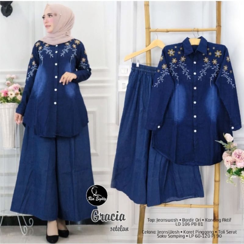 GRACIA SET SETELAN MONA TUNIK JEANS DAN KULOT JUMBO NAVY ONE SET JEANS WANITA