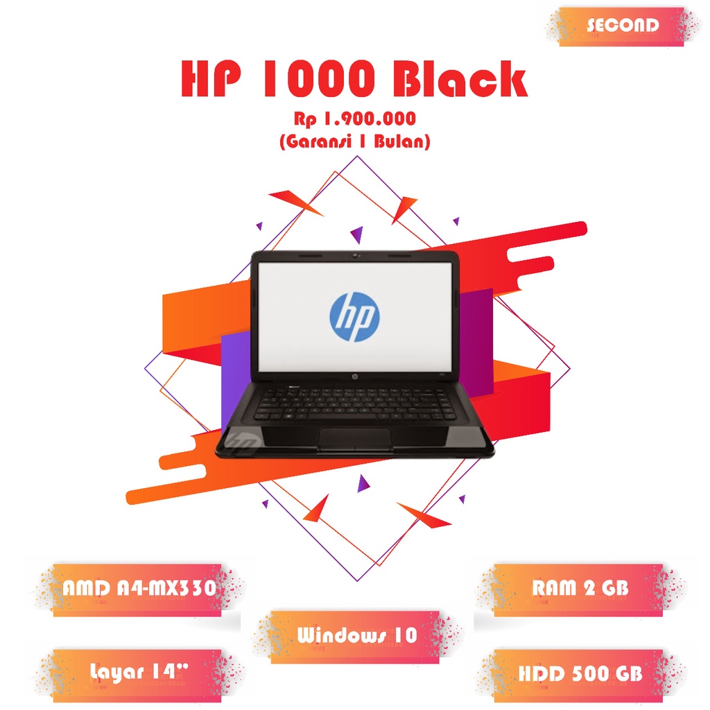 Laptop HP 1000 AMD A4 RAM 2GB HDD 500GB 14" HD Bening 1 jutaan lancar